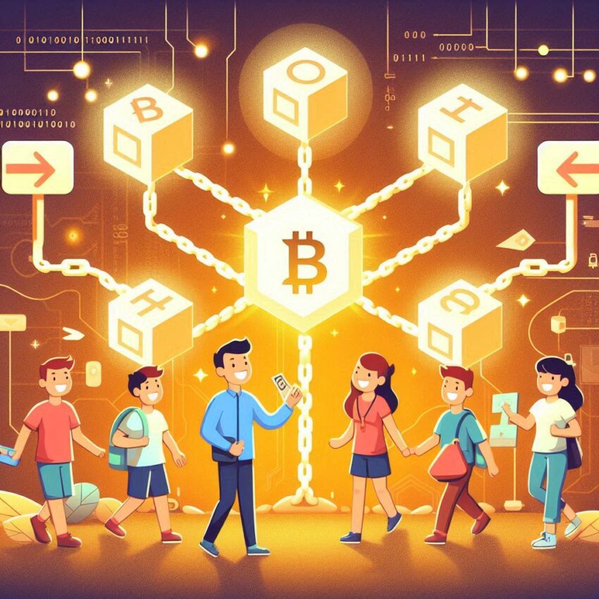 A vibrant digital illustration of young people engaging with blockchain technology, featuring a glowing Bitcoin symbol connected to blocks by chains, symbolizing a decentralized network
