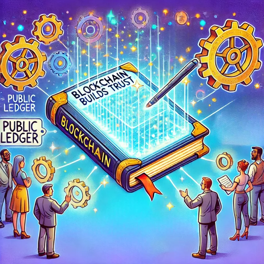 A vibrant illustration of blockchain technology as a giant open book labeled "Blockchain," symbolizing a public ledger. People interact with the book, gears, and digital elements, representing trust and transparency in blockchain
