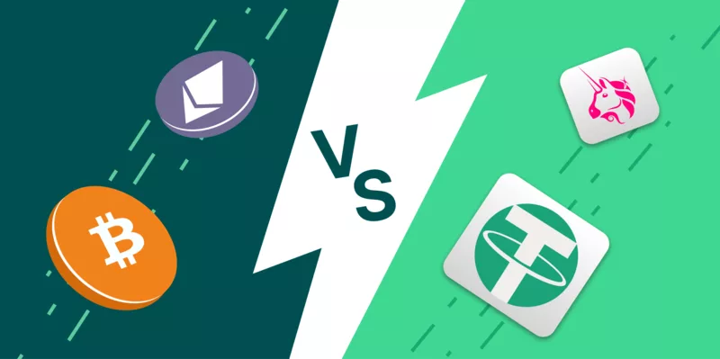 A comparison graphic illustrating the difference between coins and tokens in cryptocurrency. On the left, Bitcoin and Ethereum represent coins, while on the right, Uniswap and Tether represent tokens, with a bold "VS" in the center