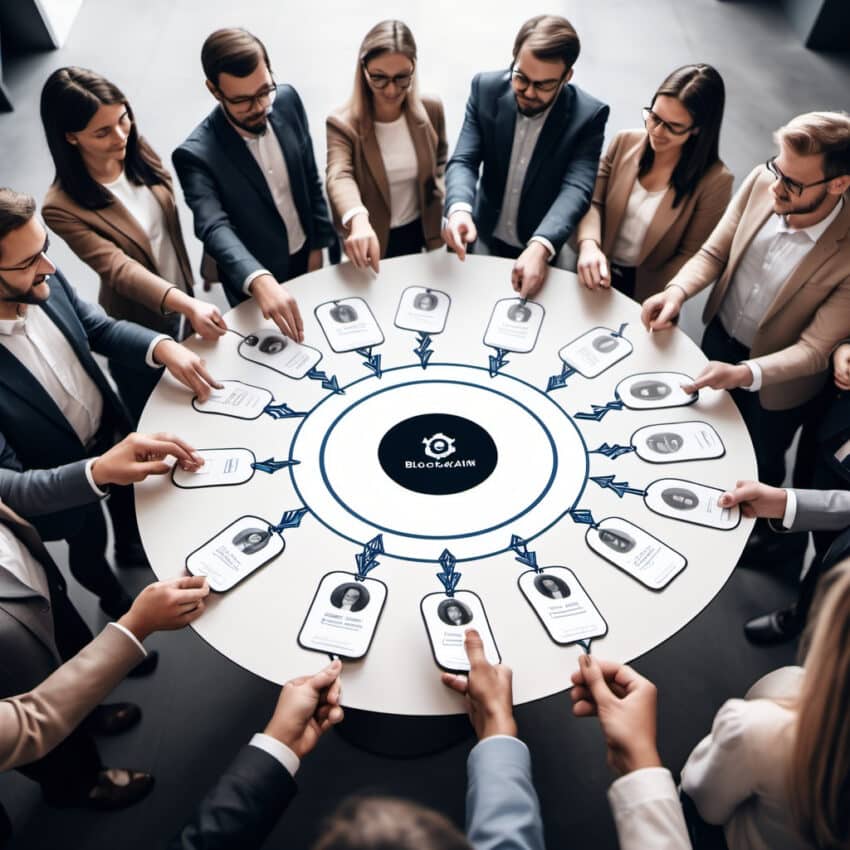 A group of professionals gathered around a circular table, each pointing at digital identity cards connected to a central blockchain network