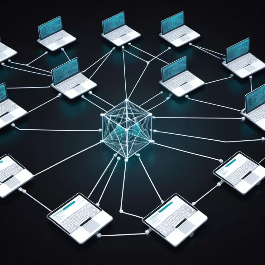 A futuristic digital illustration of a decentralized network, featuring multiple interconnected laptops linked to a central blockchain node, symbolizing distributed ledger technology