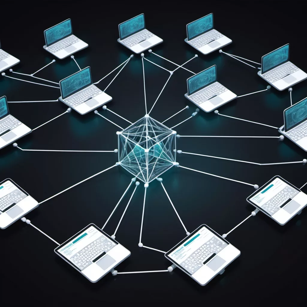 A futuristic digital illustration of a decentralized network, featuring multiple interconnected laptops linked to a central blockchain node, symbolizing distributed ledger technology