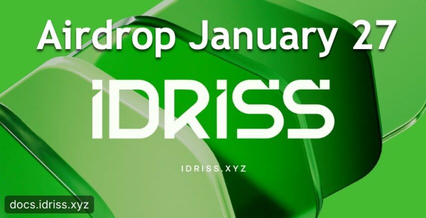 Promotional graphic for an airdrop event by IDRISS, featuring the date January 27 and the website idress.xyz