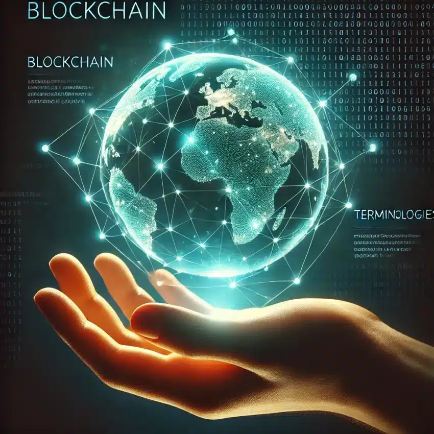 A realistic digital illustration of a light brownish-tan hand holding a glowing, translucent globe with interconnected nodes and lines, symbolizing a global blockchain network. The background features a deep blue digital pattern with binary code, enhancing the technological theme. The words 'Blockchain' and 'Terminologies' appear in white text on the upper left