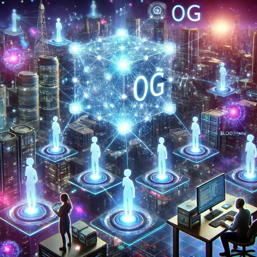 A futuristic digital illustration of the 0G Blockchain ecosystem, showing AI-powered nodes interconnected in a decentralized network with glowing holographic data