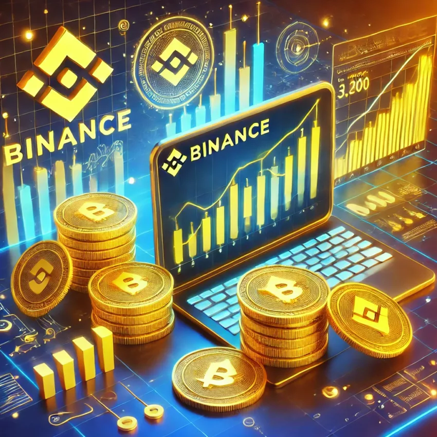 A futuristic digital illustration of Binance cryptocurrency trading with golden coins, digital charts, and a laptop. Start trading on Binance Exchange.
