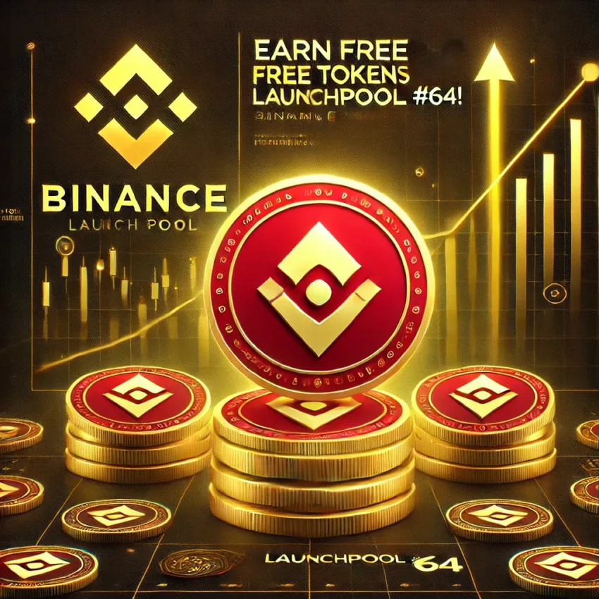 Binance Launchpool #64 featuring RED token staking opportunities with visuals of golden coins and financial growth