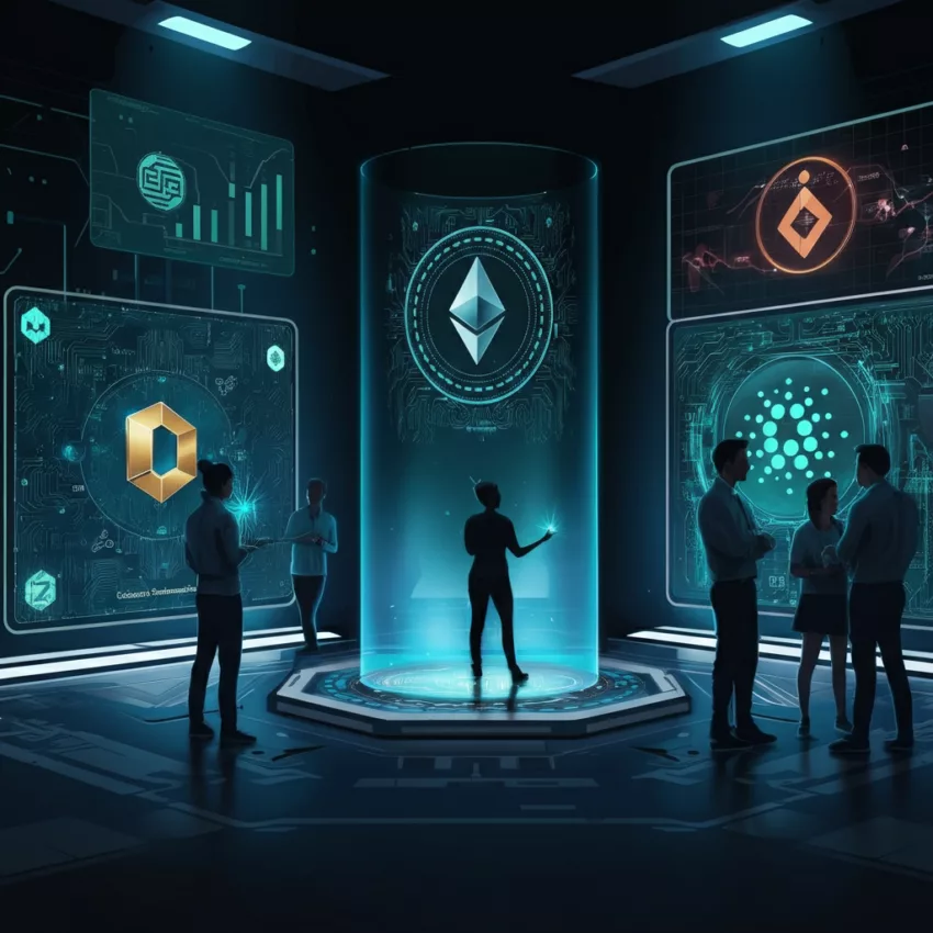 Futuristic digital representation of blockchain platforms, featuring Ethereum, Cardano, and other blockchain networks, with professionals discussing technology