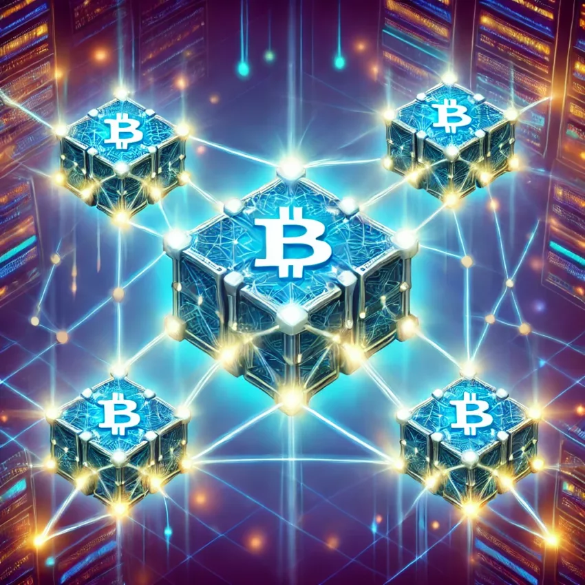 An illustration of blockchain sharding, showing a large blockchain network split into smaller interconnected chains with glowing nodes