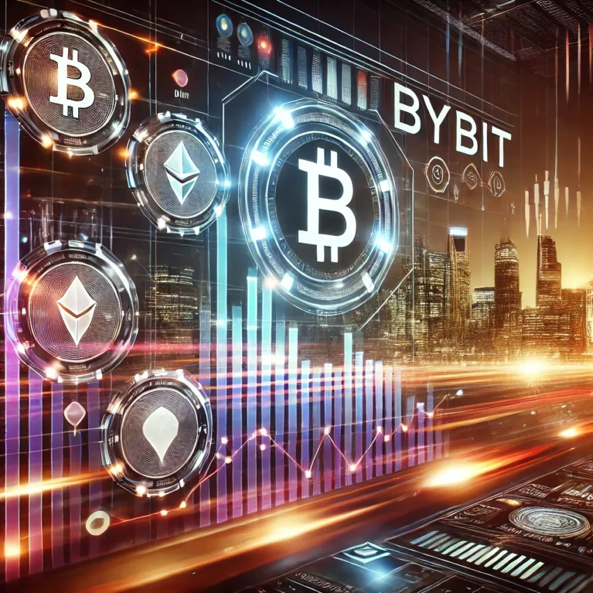 Futuristic digital trading platform with glowing financial charts and cryptocurrency symbols, representing Bybit exchange