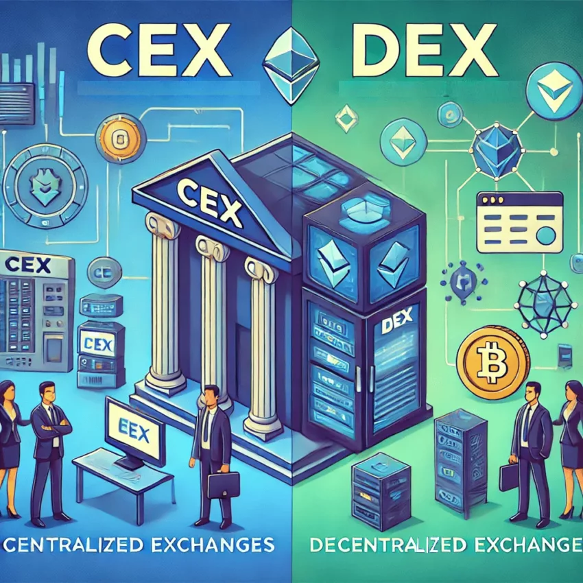 A split-screen infographic comparing Centralized Exchanges (CEX) and Decentralized Exchanges (DEX), highlighting key differences in control, security, and user experience