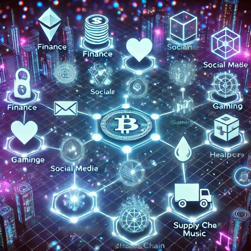 A futuristic digital illustration representing Decentralized Applications (DApps) with glowing blockchain nodes symbolizing Finance, Social Media, Gaming, Healthcare, Supply Chain, and Music