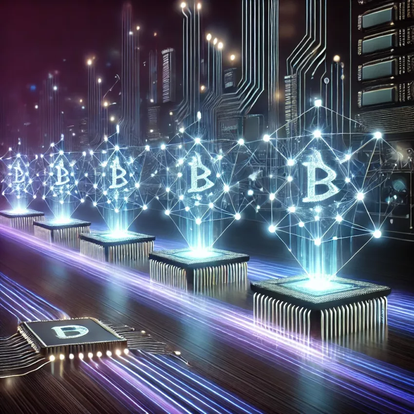 A futuristic digital artwork of a blockchain network with rapid data streams, neon blue and purple lights, and interconnected nodes, symbolizing Monad's speed and scalability.