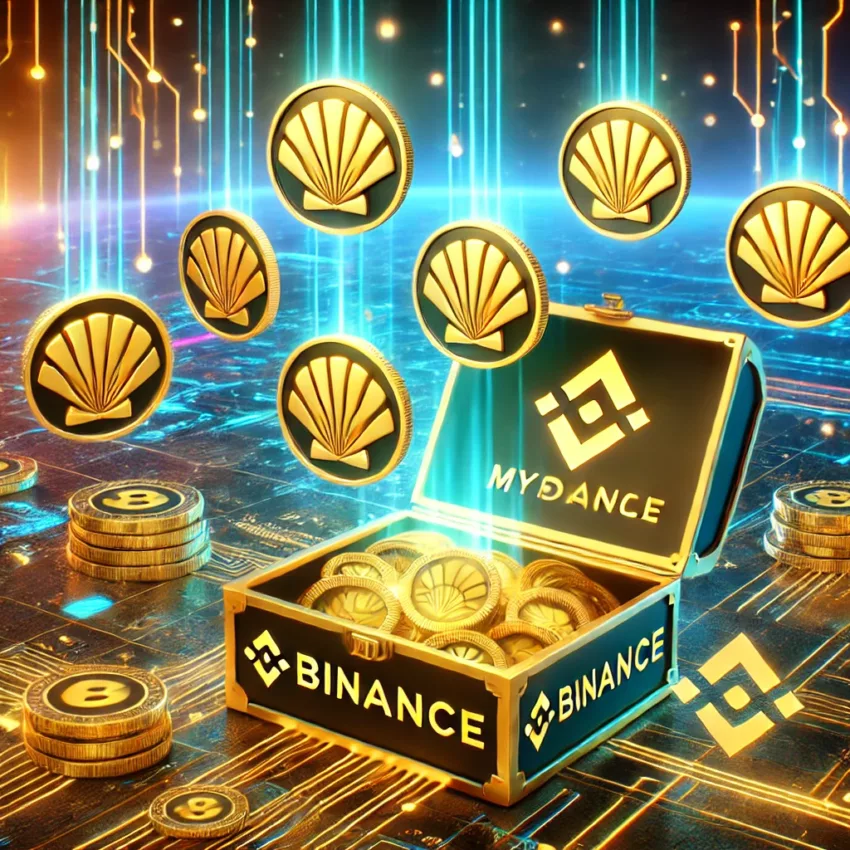 Golden MyShell (SHELL) tokens floating into a Binance-branded treasure chest in a futuristic cyberpunk setting