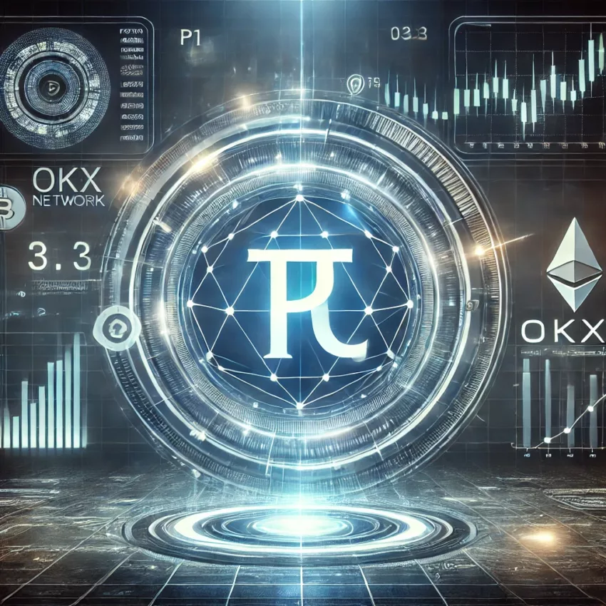 A futuristic digital graphic showcasing Pi Network's listing on the OKX exchange.