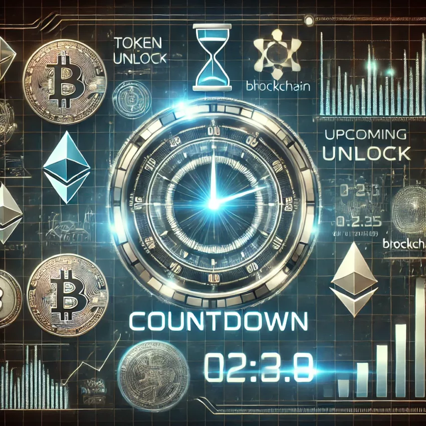 A futuristic digital illustration featuring a countdown timer with cryptocurrency logos, symbolizing upcoming token unlocks in the crypto market