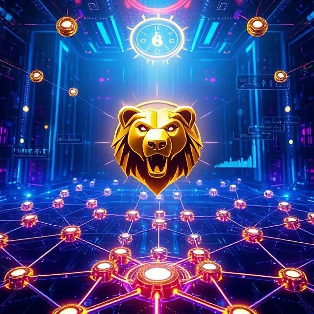 A futuristic digital artwork of Berachain, featuring a golden bear emblem at the center of a glowing decentralized blockchain network with neon cyberpunk aesthetics