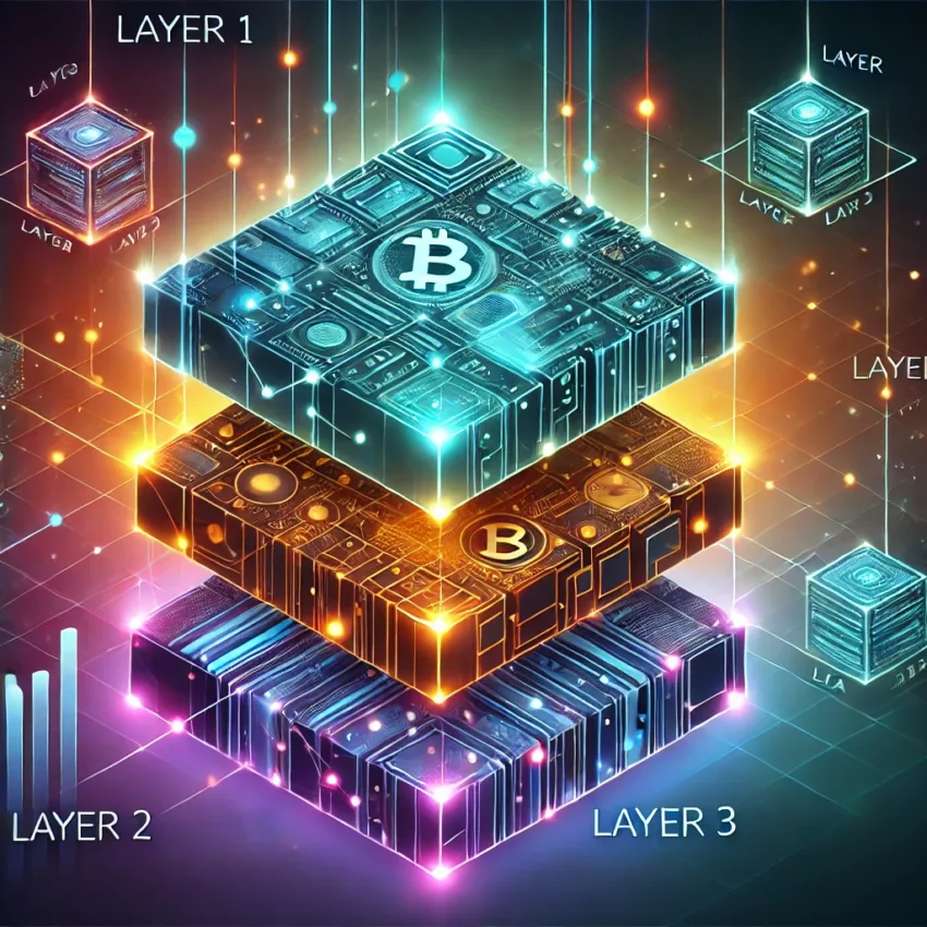 A futuristic digital illustration representing blockchain technology layers (Layer 1, Layer 2, and Layer 3) with interconnected networks and glowing neon lines.
