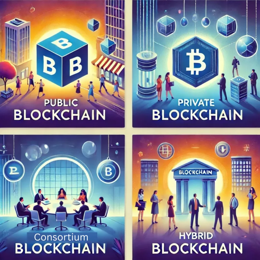 Illustration of four types of blockchains—Public, Private, Consortium, and Hybrid—depicted with unique visual elements for easy understanding