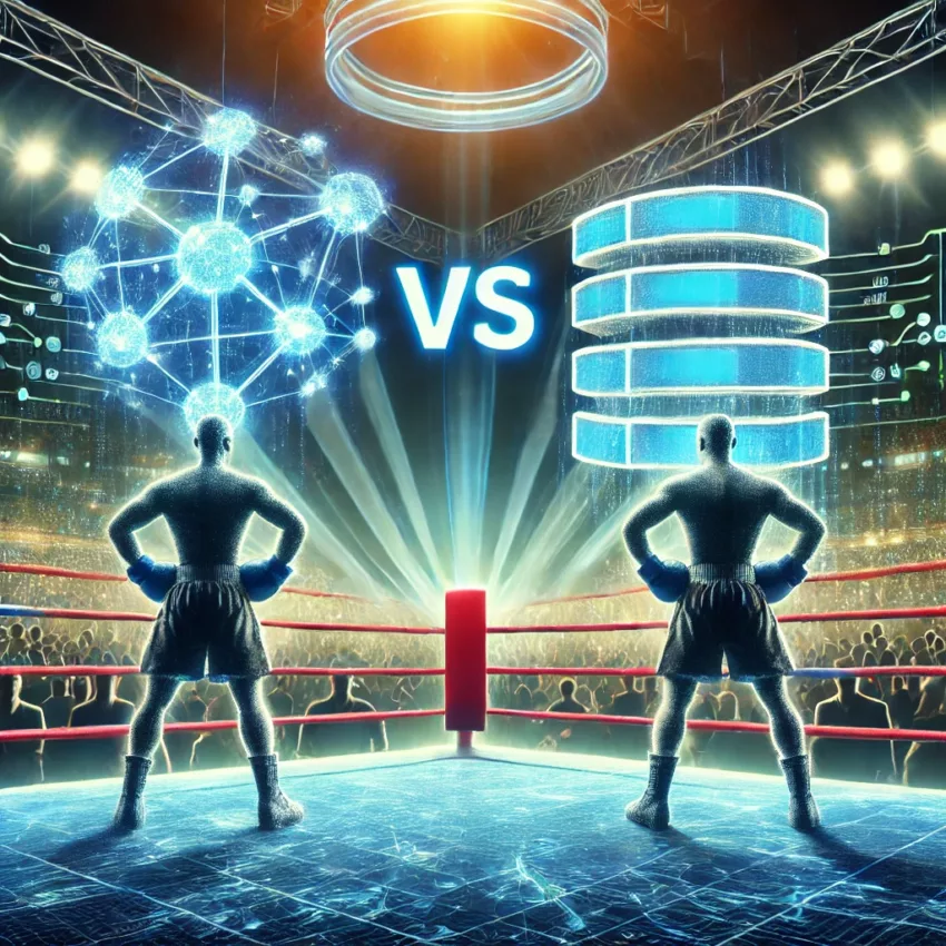 A digital illustration of a boxing match between Blockchain vs Traditional Database, symbolizing the battle between decentralized and centralized data management.