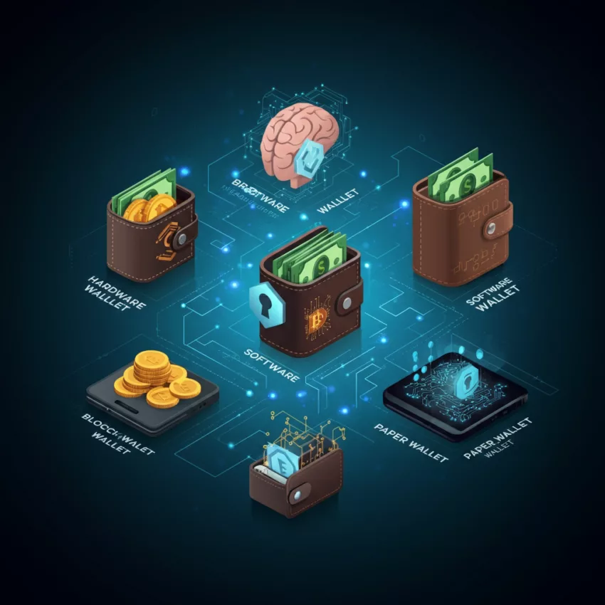 A digital illustration showcasing different types of cryptocurrency wallets, including hardware, software, paper, brain, and blockchain wallets