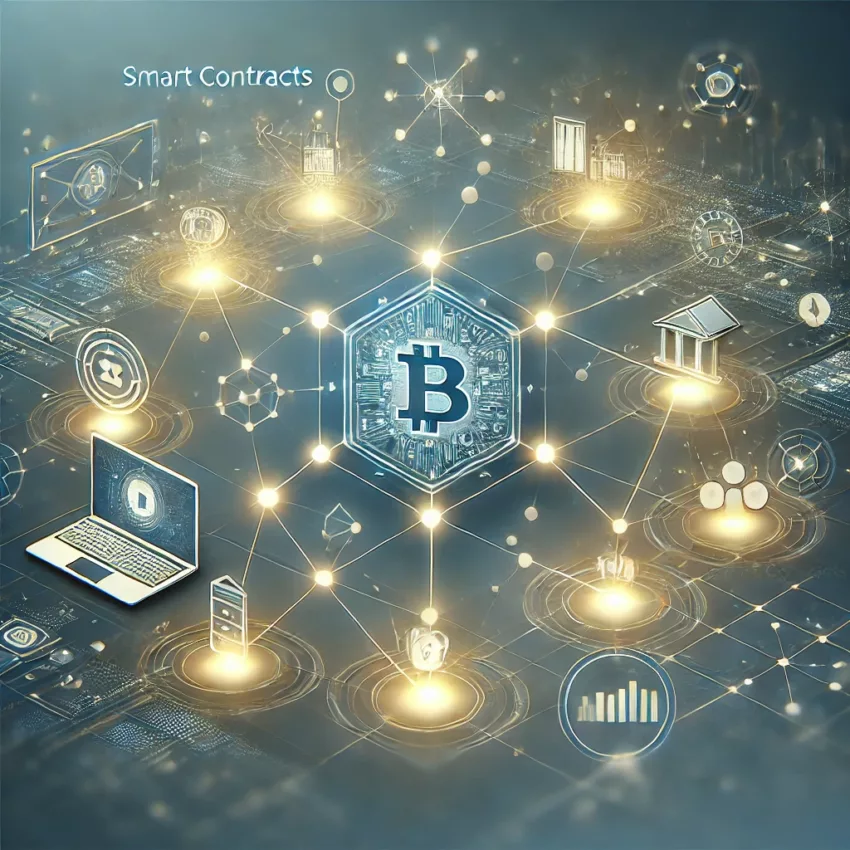 A modern, minimalistic illustration representing Decentralized Finance (DeFi), with futuristic interfaces, blockchain nodes, and digital asset icons