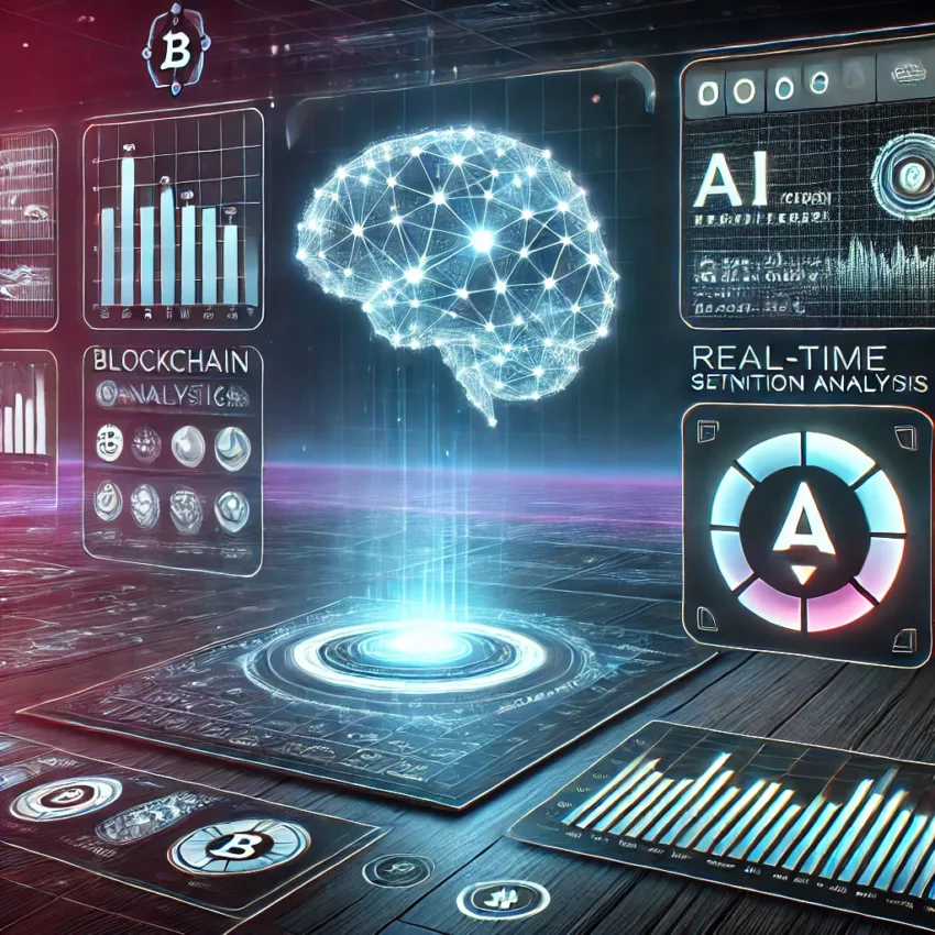 A futuristic digital interface displaying AI-powered crypto research insights with data charts, blockchain analytics, and sentiment analysis