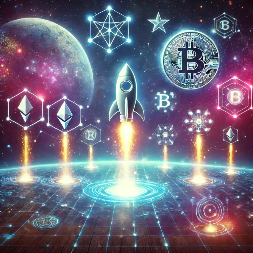 A futuristic digital launchpad with glowing blockchain symbols and a cosmic background, symbolizing innovation and crypto investments