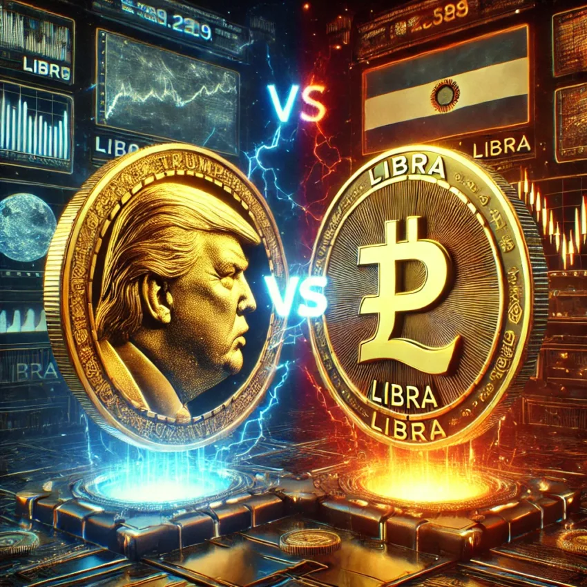 A futuristic digital illustration of nation-themed meme coins TRUMP and LIBRA in a cyberpunk-style financial battlefield with neon highlights
