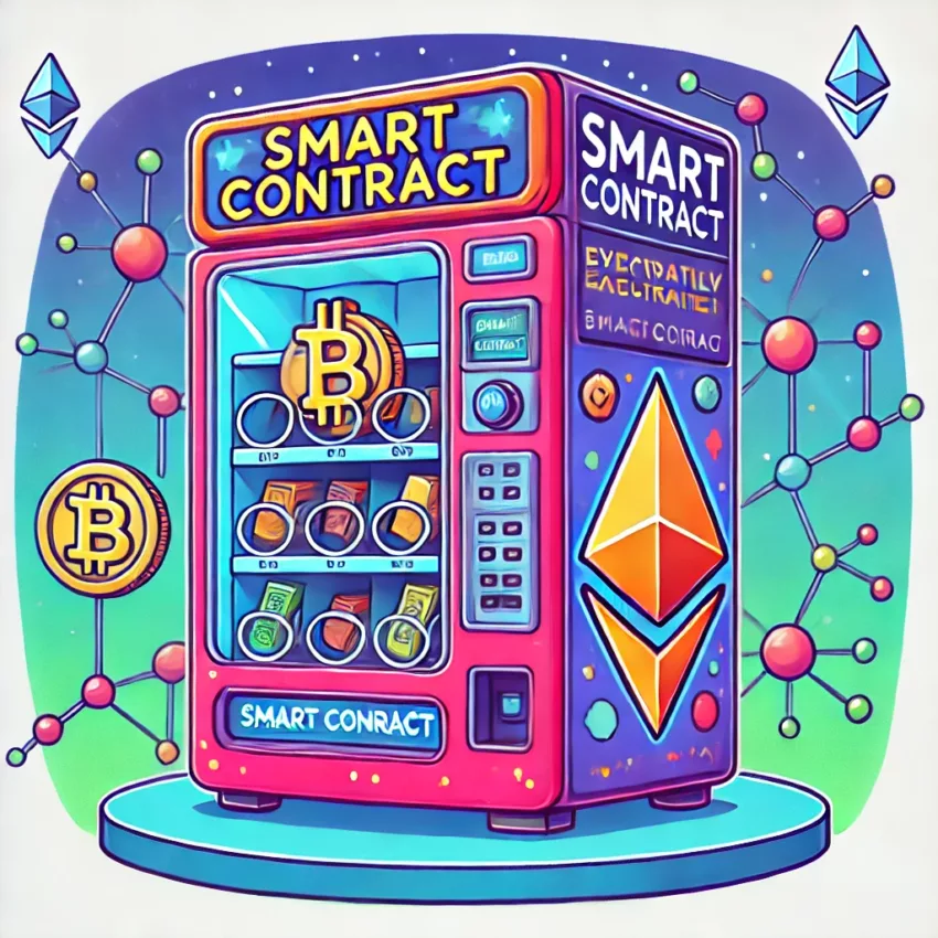 A colorful vending machine labeled 'Smart Contract' dispensing Bitcoin and Ethereum, with a blockchain network in the background