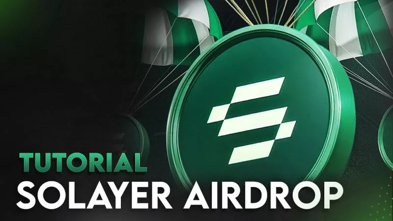 A green Solayer token with parachutes descending, symbolizing the Solayer airdrop event