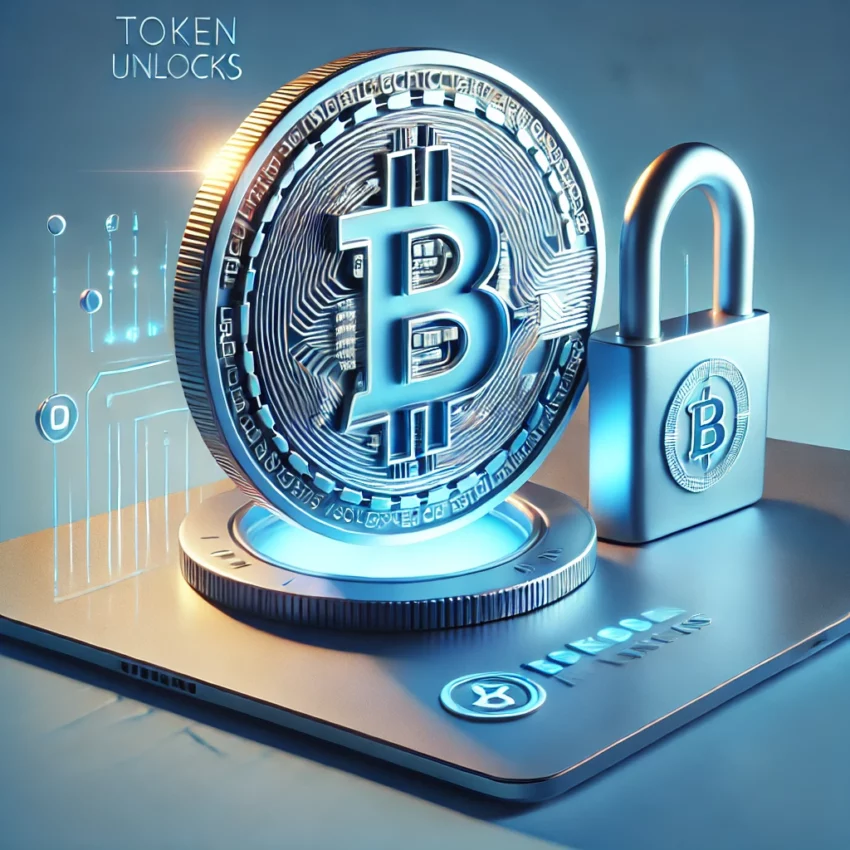 A digital illustration featuring the Bitcoin symbol surrounded by a stylized lock, symbolizing security in cryptocurrency, with a soothing blue gradient background and modern typography for "Token Unlocks"