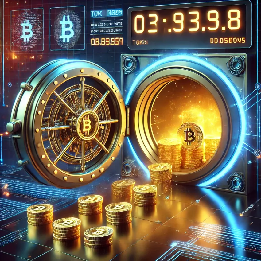 A cyberpunk-style vault door glowing as golden tokens emerge, symbolizing an upcoming token unlock event