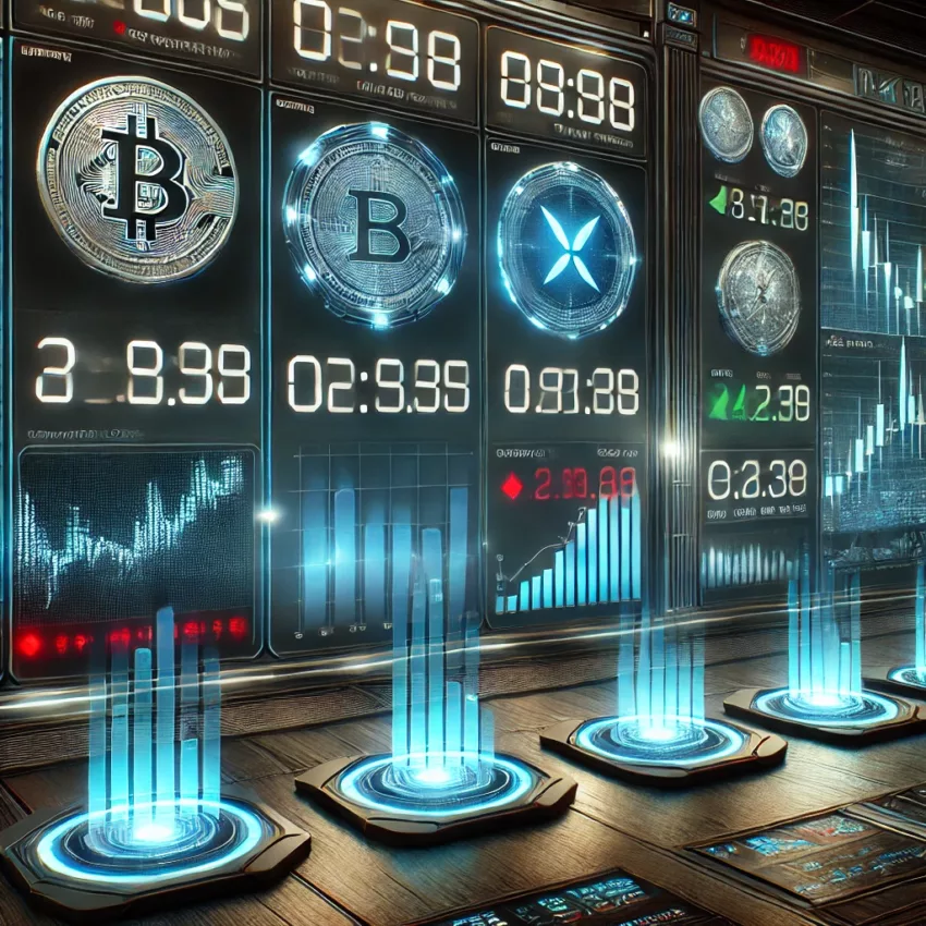 A futuristic digital stock market board displaying multiple cryptocurrency tokens with countdown timers for their upcoming unlock events. The board features glowing blue and red indicators showing market movements, set against a dark cyberpunk-inspired trading floor with traders analyzing data on holographic screens
