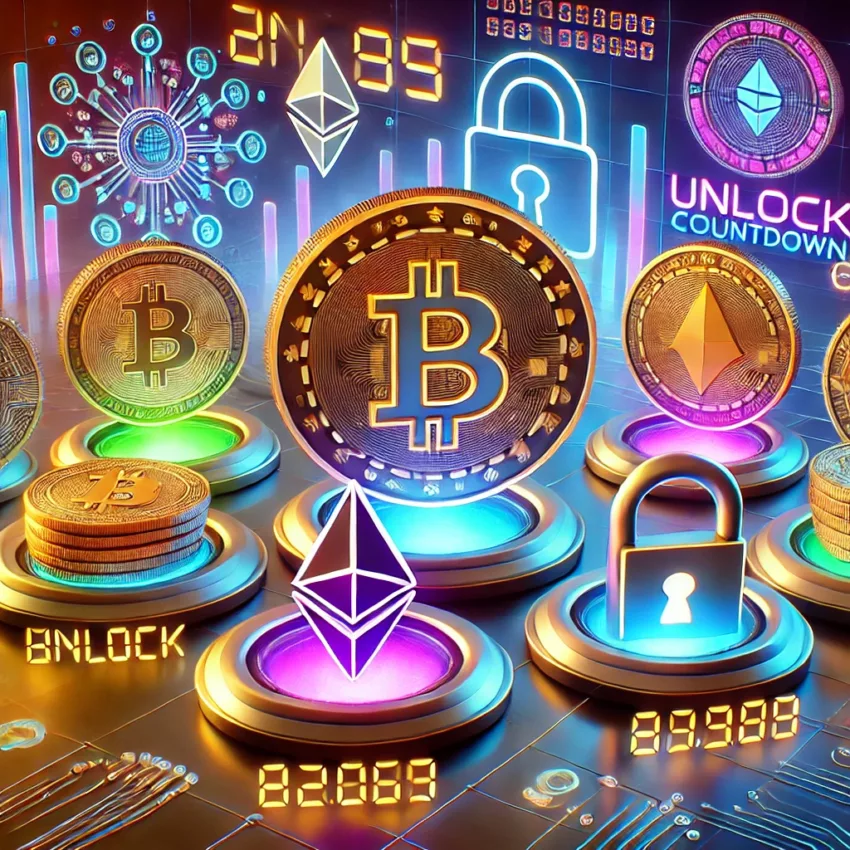 A digital finance-themed image showing cryptocurrency tokens with unlock countdown timers and blockchain graphics