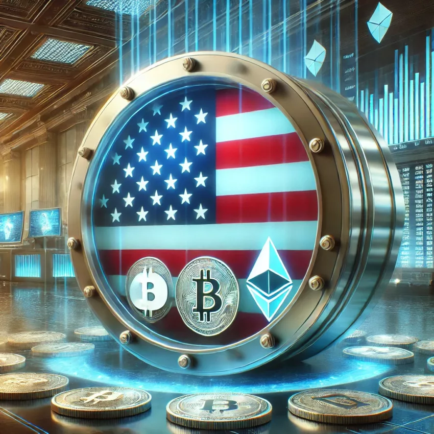 A futuristic digital vault glowing with Bitcoin, Ethereum, and other cryptocurrency symbols, symbolizing the U.S. Crypto Strategic Reserve