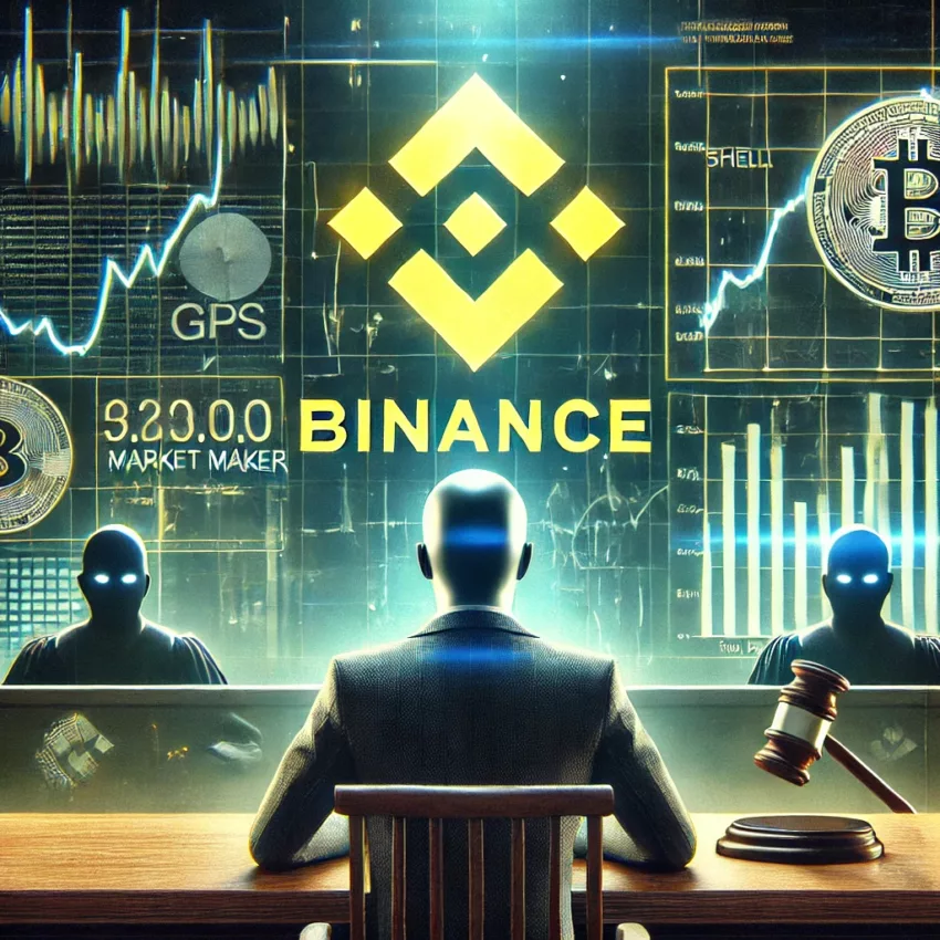 Binance enforcing strict action against a market maker in a futuristic courtroom with GPS and SHELL tokens in the background