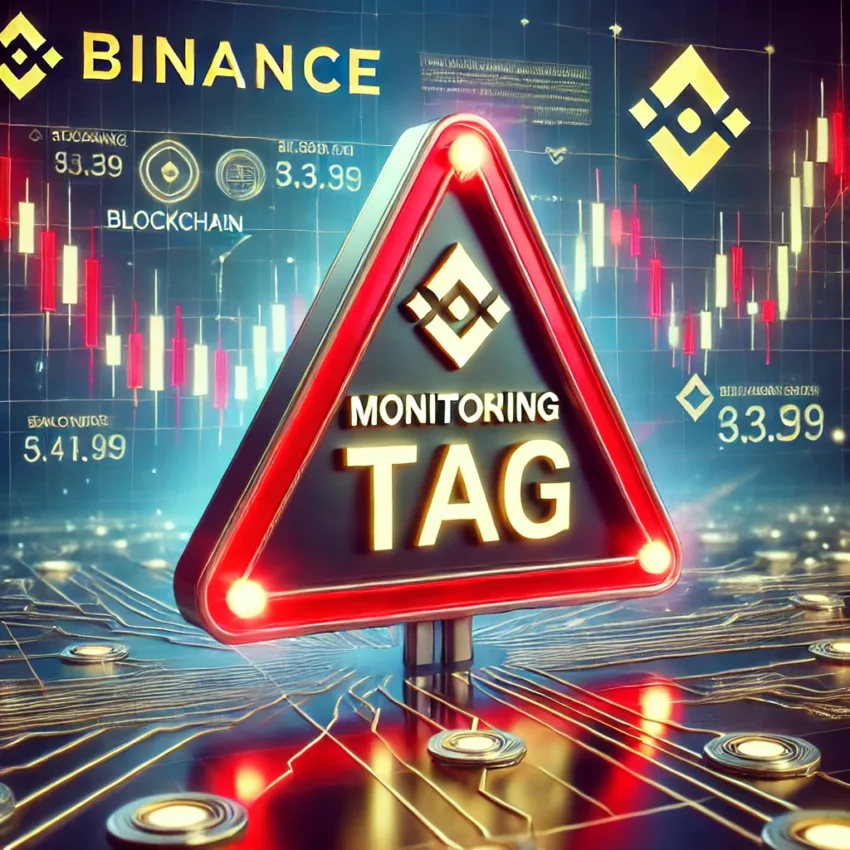 A futuristic digital warning sign with "Monitoring Tag" glowing in red, set against a high-tech blockchain network background.