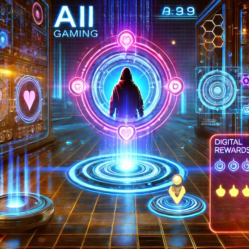 A futuristic gaming setup with an AI-powered interface, neon lights, and a holographic leaderboard displaying digital rewards
