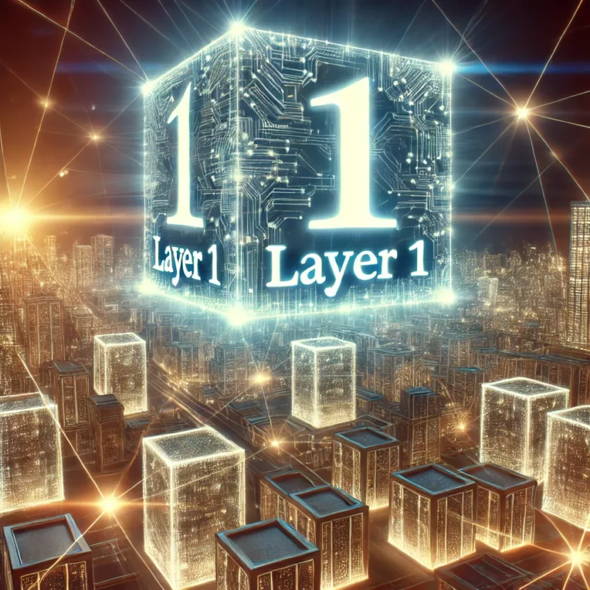 A futuristic digital landscape showcasing Layer 1 blockchain protocols with glowing network connections and an illuminated "Layer 1" sign in the background.