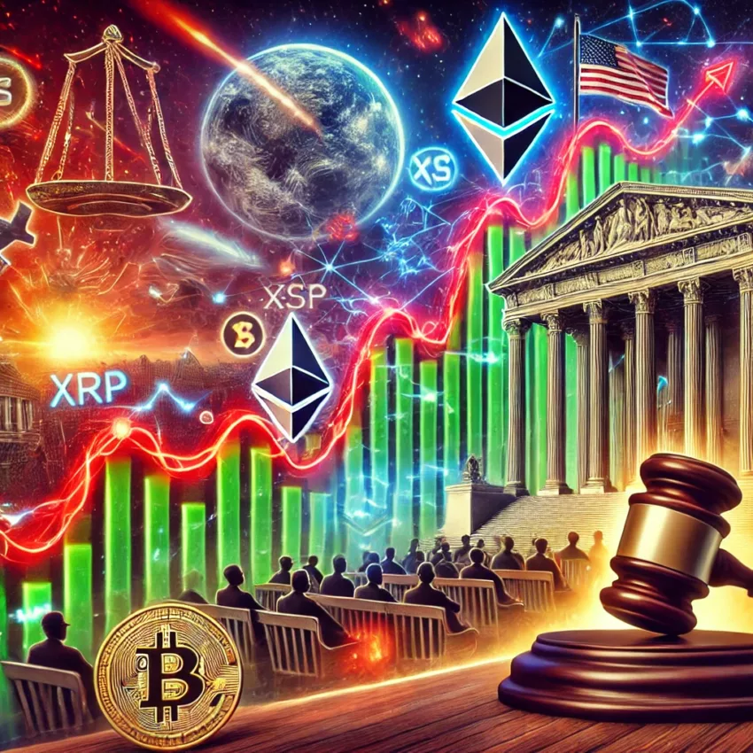 Cryptocurrency market fluctuating amid legal and political developments, featuring Bitcoin, Ethereum, and XRP symbols with SEC, White House, and trade symbols