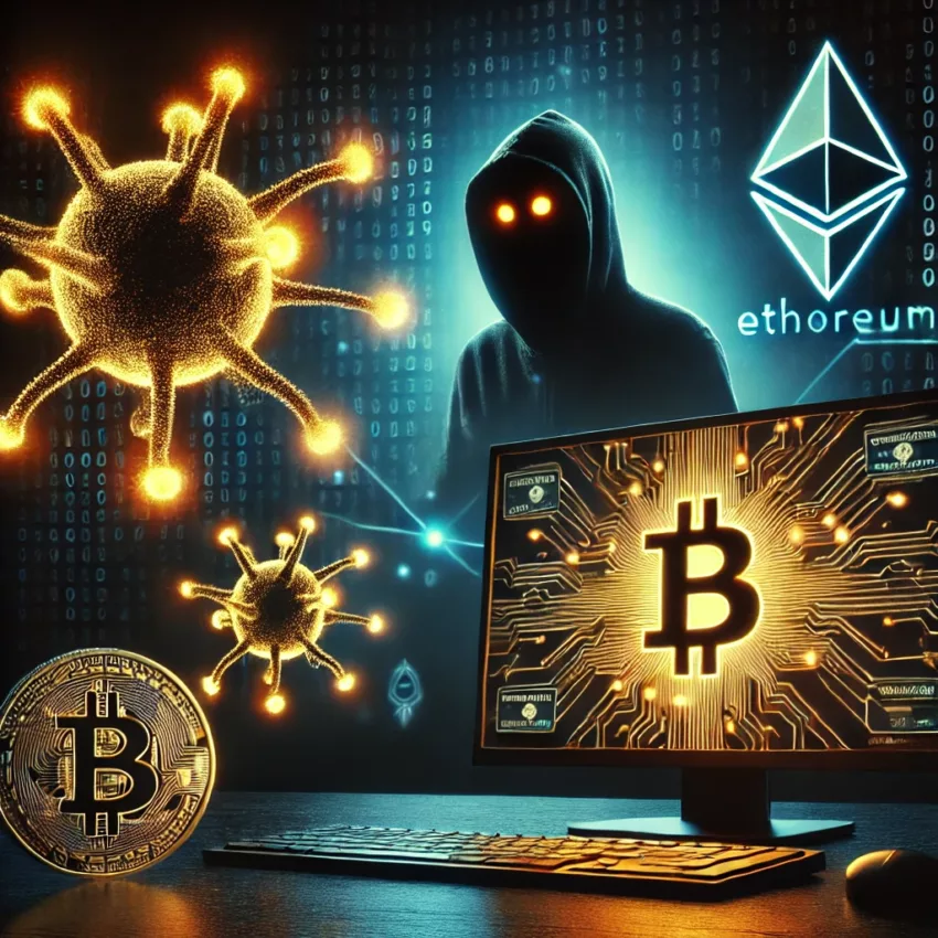 A hacker silhouette lurks behind glowing cryptocurrency symbols as a shadowy virus spreads across a computer screen, symbolizing the StilachiRAT malware threat.