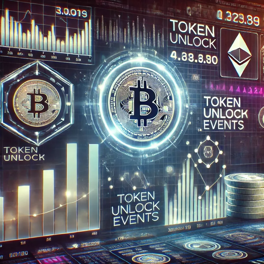 Futuristic digital stock market display highlighting upcoming cryptocurrency token unlock events