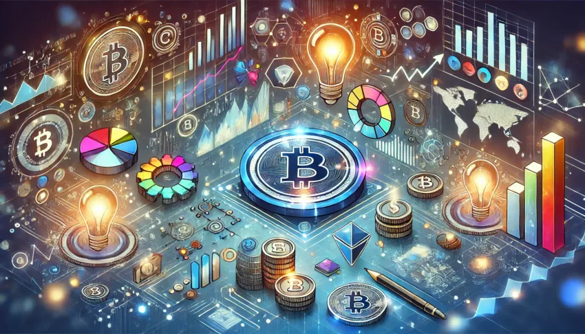 Colorful illustration depicting blockchain tokenomics with crypto coins, economic graphs, and charts.