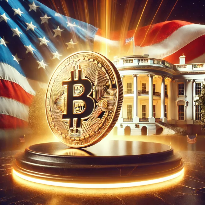 Golden Bitcoin coin on a pedestal with the U.S. flag and the White House in the background, symbolizing the U.S. Bitcoin Strategic Reserve Fund.