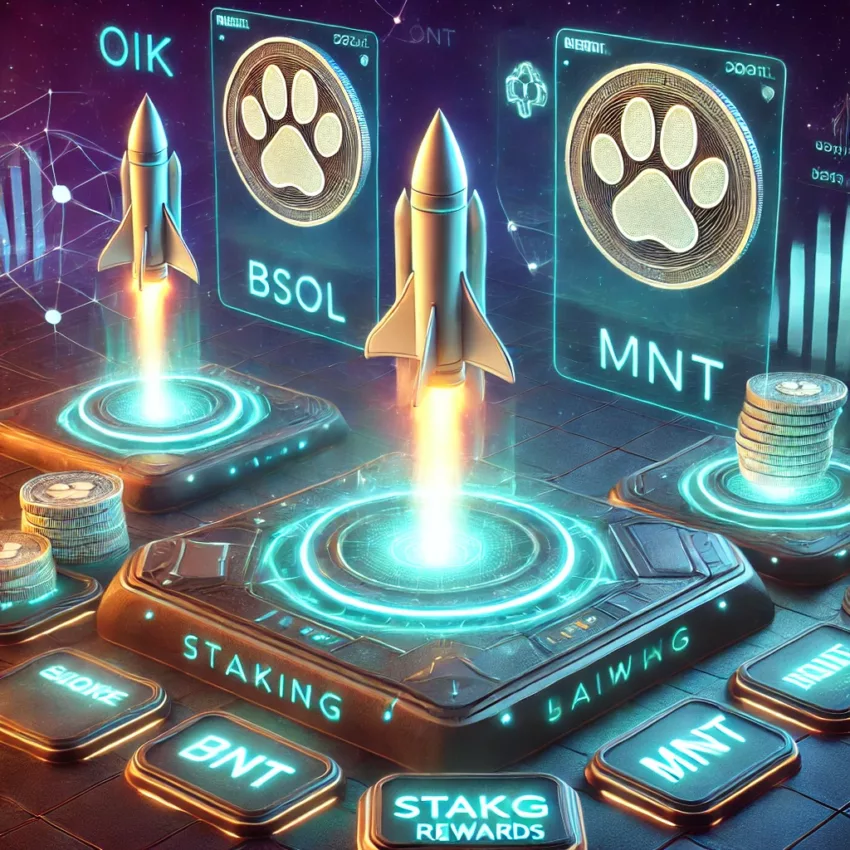 Futuristic crypto launchpad with glowing PAWS and OIK tokens above staking pools, symbolizing Bybit Launchpool rewards.