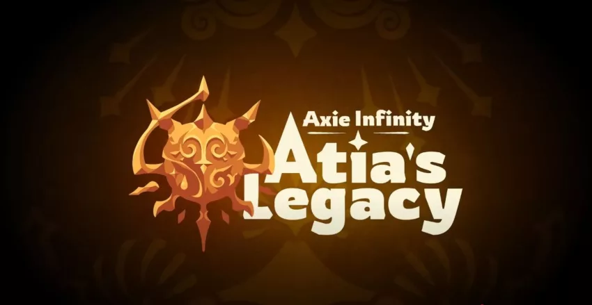 Axie Infinity: Atia's Legacy logo featuring a golden emblem with intricate designs on a dark background.
