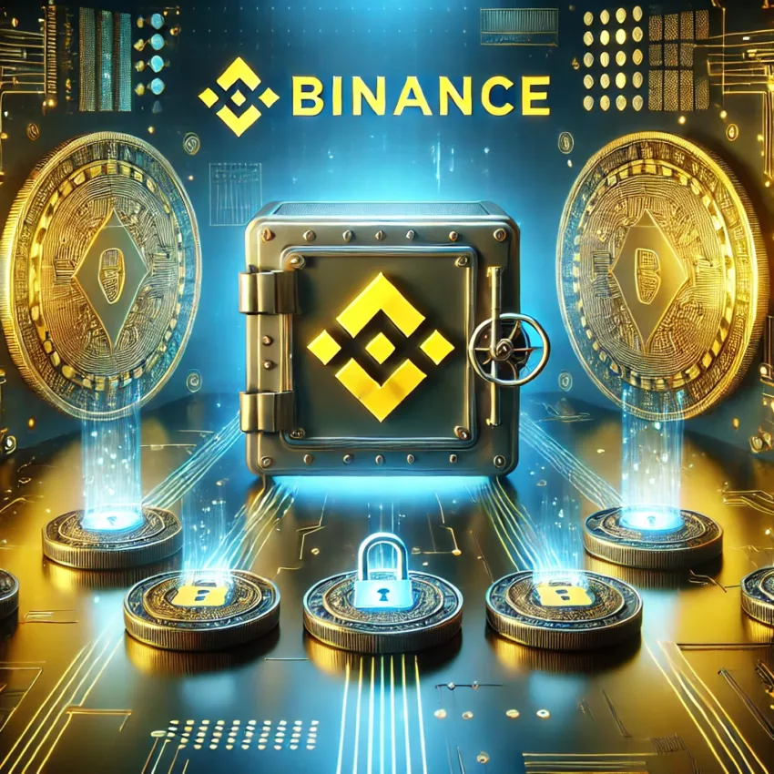 A digital vault with glowing security shields, symbolizing cybersecurity and blockchain protection, featuring Binance and GoPlus Security (GPS) tokens.
