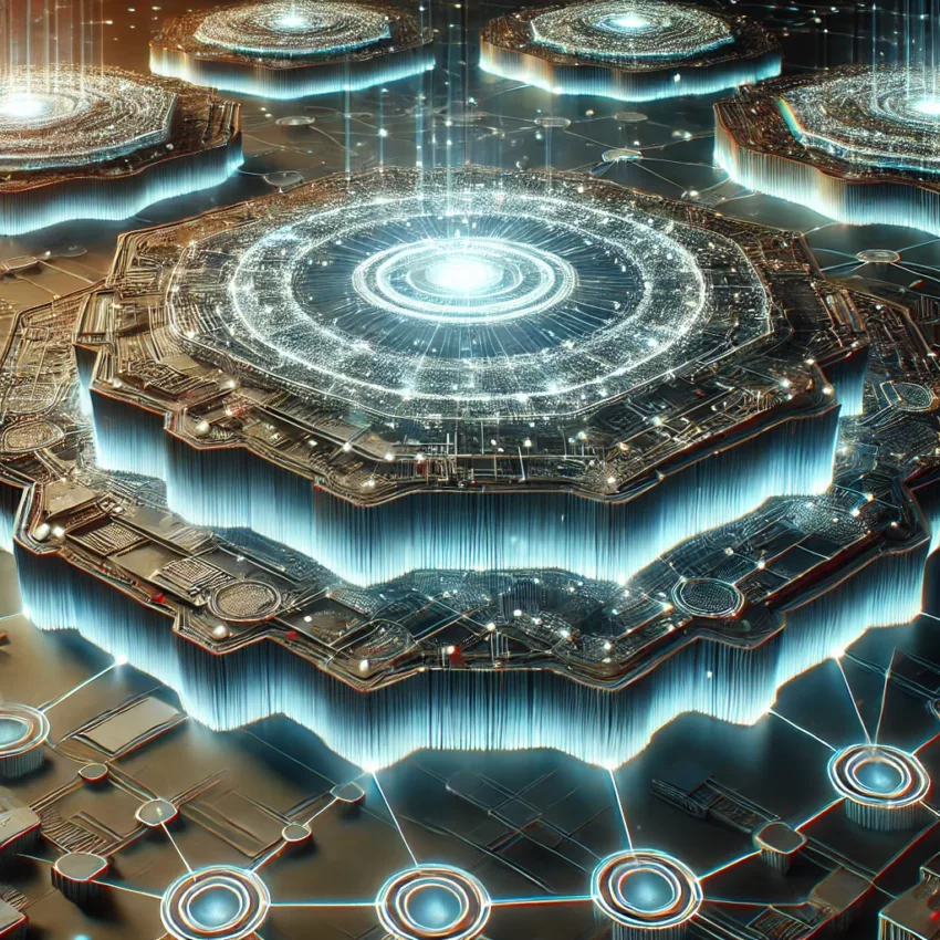 A futuristic blockchain network with interconnected layers and a glowing digital foundation representing Layer 0