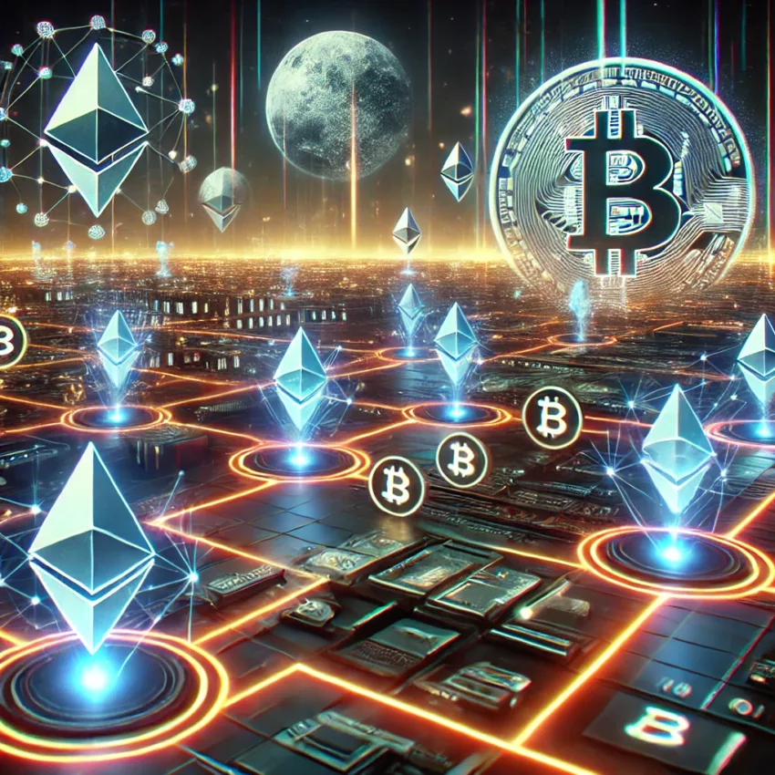 A futuristic digital network representing Layer 2 blockchain solutions, with Ethereum and Bitcoin nodes interconnected by glowing neon pathways.